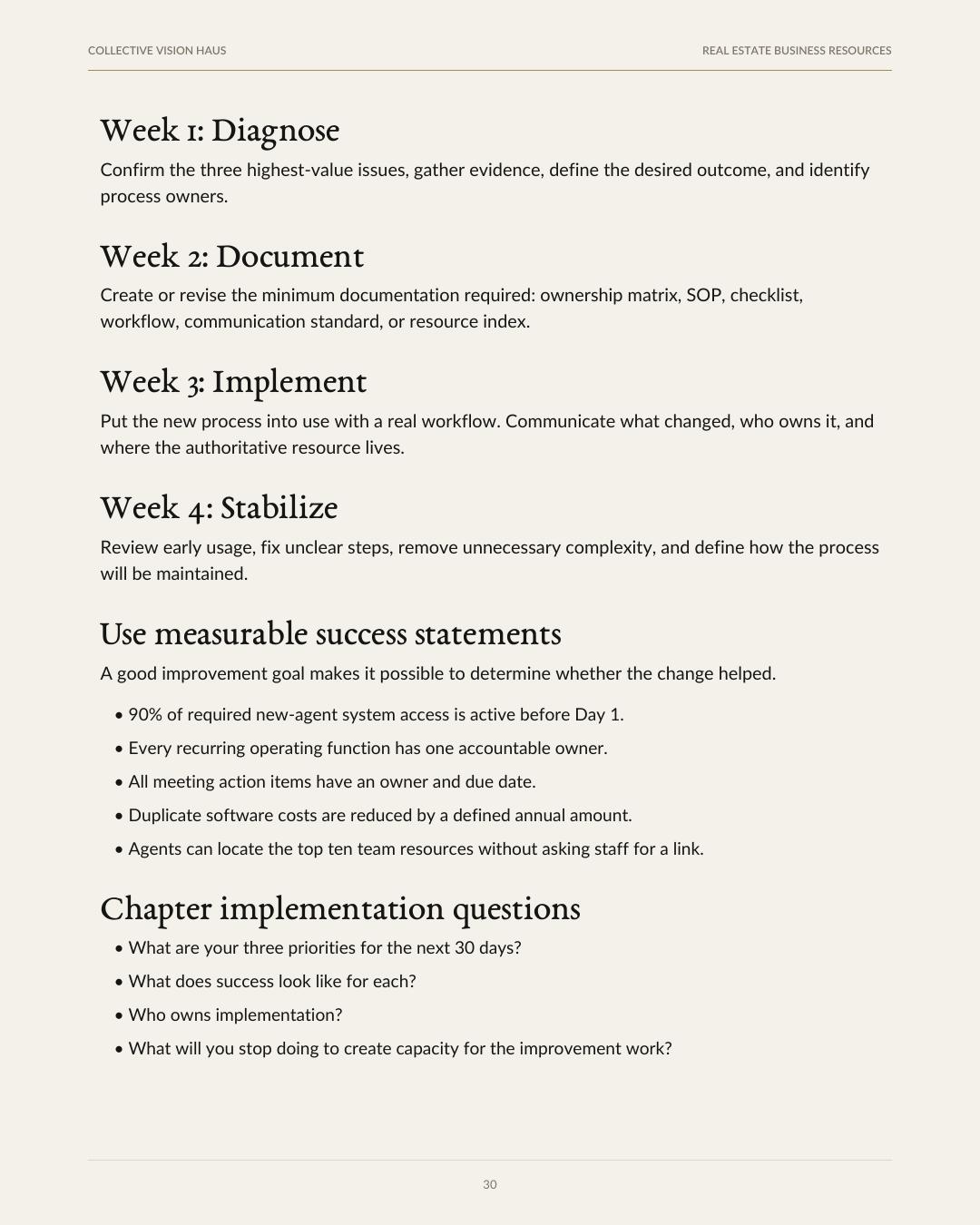 Implementation page from The Real Estate Team Operations Playbook
