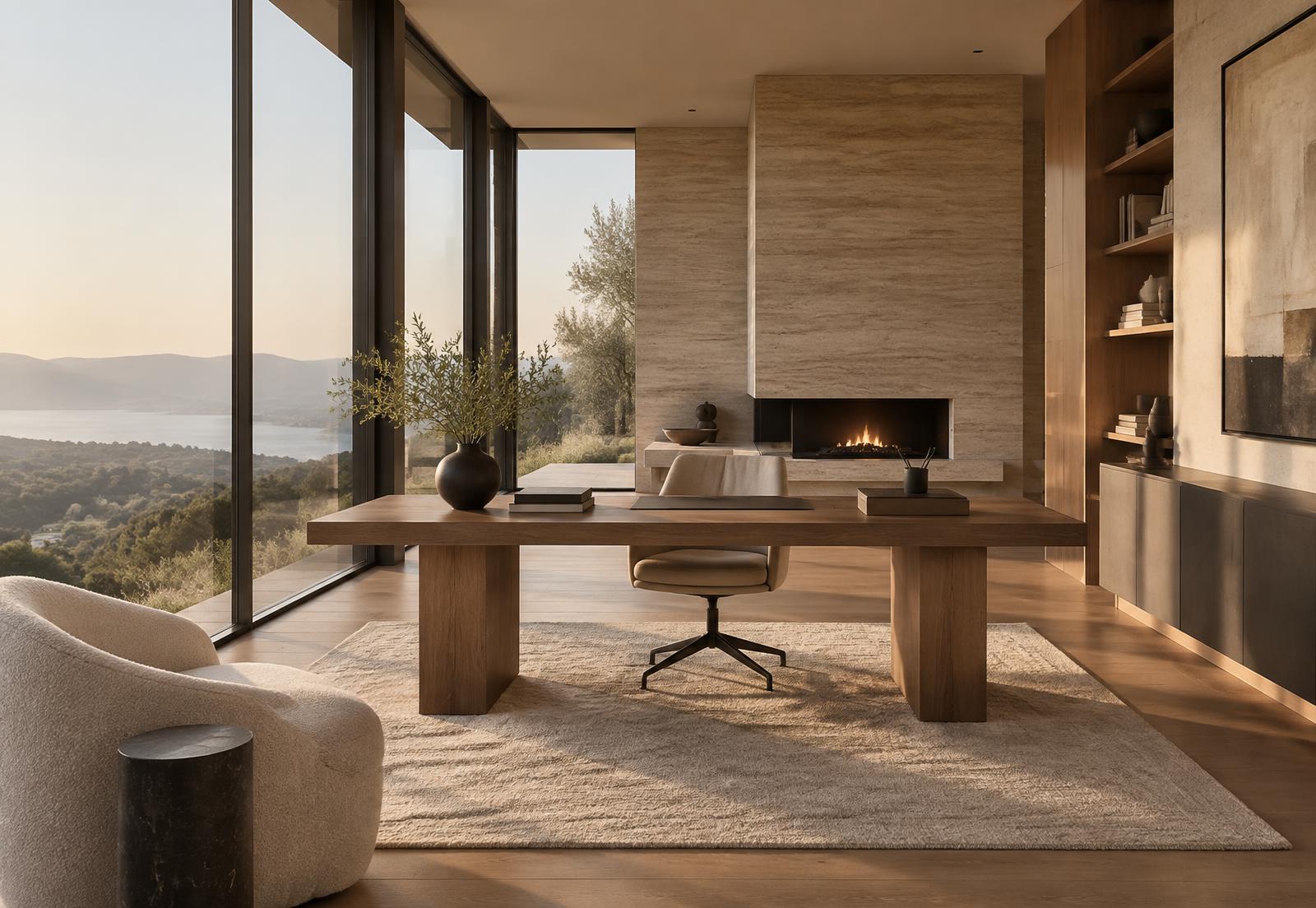 A quiet modern workspace in a contemporary residence at late afternoon